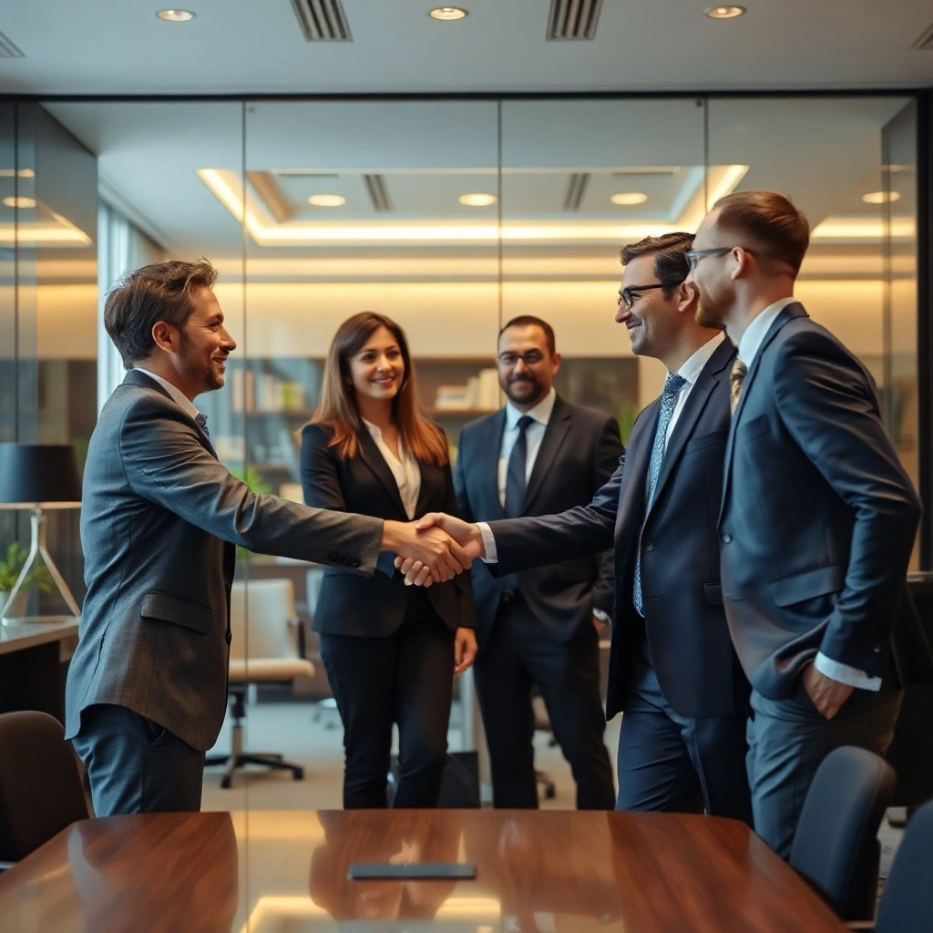 business professionals shaking hands in a high-end modern office